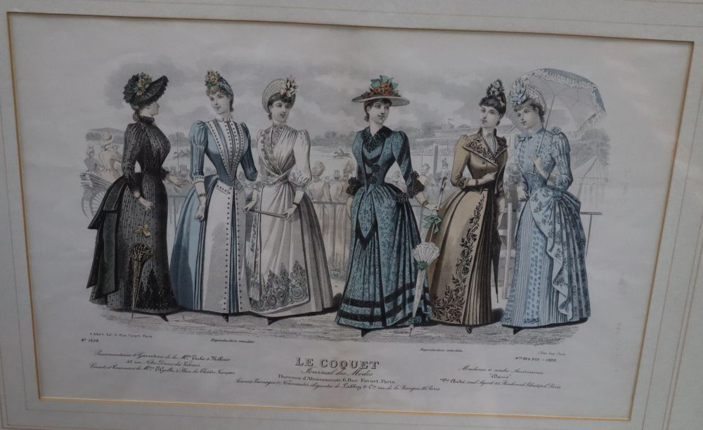 Six assorted 19th century French fashion plates, largest 31 x 45cm and a set of four modern botanical prints, 28 x 21cm
